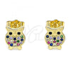 Oro Laminado Stud Earring, Gold Filled Style Owl Design, with Multicolor Micro Pave, Polished, Golden Finish, 02.156.0549.1