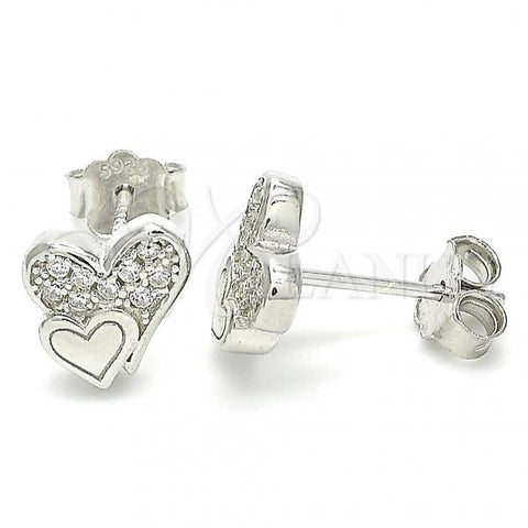 Sterling Silver Stud Earring, Heart Design, with White Cubic Zirconia, Polished, Rhodium Finish, 02.336.0139