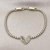 Oro Laminado Fancy Bracelet, Gold Filled Style Heart and Baguette Design, with White Cubic Zirconia and White Micro Pave, Polished, Golden Finish, 03.421.0003.07