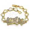 Oro Laminado Fancy Bracelet, Gold Filled Style Butterfly and Heart Design, with White Micro Pave, Polished, Golden Finish, 03.283.0244.07