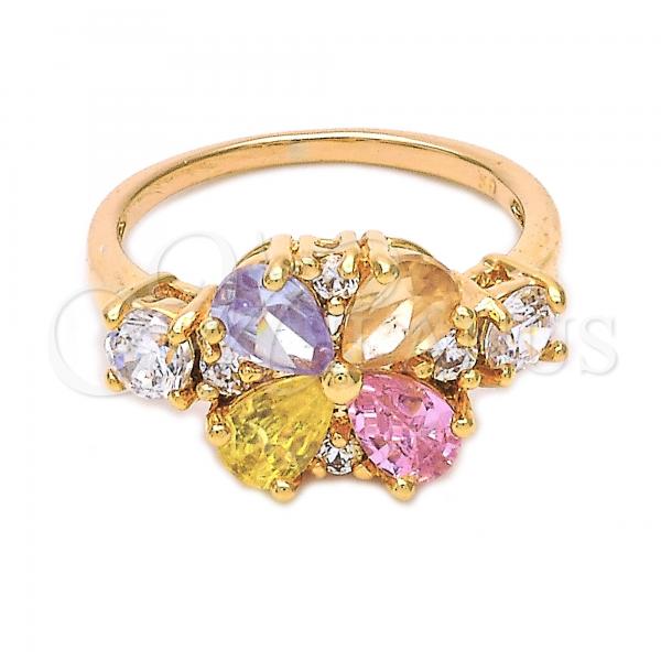 Oro Laminado Multi Stone Ring, Gold Filled Style Flower Design, with Multicolor and White Cubic Zirconia, Polished, Golden Finish, 5.172.002.07 (Size 7)