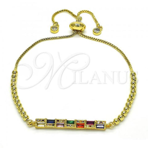 Oro Laminado Adjustable Bolo Bracelet, Gold Filled Style with Multicolor Cubic Zirconia and Multicolor Micro Pave, Polished, Golden Finish, 03.362.0007.11