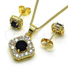 Oro Laminado Earring and Pendant Adult Set, Gold Filled Style with Black Cubic Zirconia and White Micro Pave, Polished, Golden Finish, 10.344.0016.2