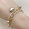 Oro Laminado Charm Bracelet, Gold Filled Style Heart and Ball Design, Polished, Golden Finish, 03.331.0315.08