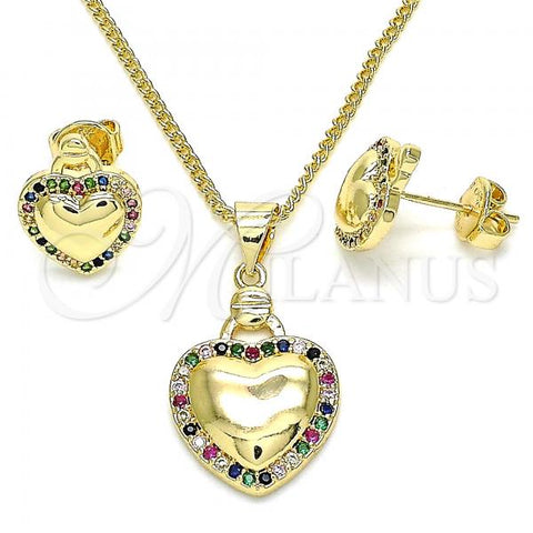 Oro Laminado Earring and Pendant Adult Set, Gold Filled Style Heart Design, with Multicolor Micro Pave, Polished, Golden Finish, 10.156.0263.3