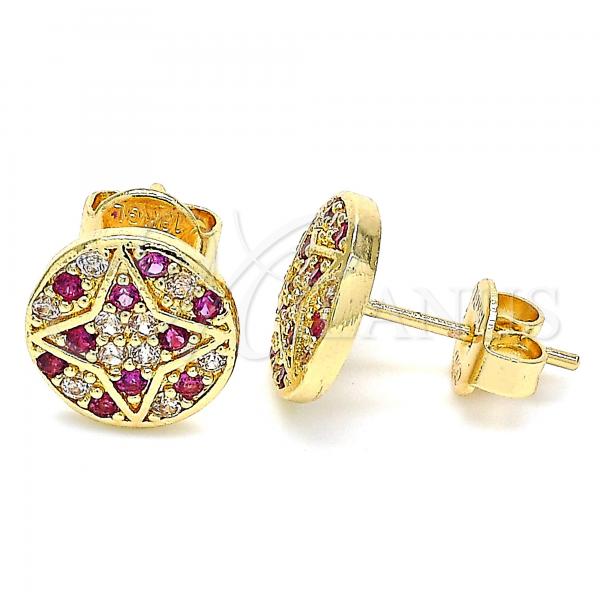 Oro Laminado Stud Earring, Gold Filled Style with Ruby and White Micro Pave, Polished, Golden Finish, 02.233.0019.2