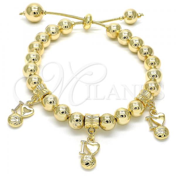 Oro Laminado Adjustable Bolo Bracelet, Gold Filled Style Heart Design, Polished, Golden Finish, 03.63.2012.08