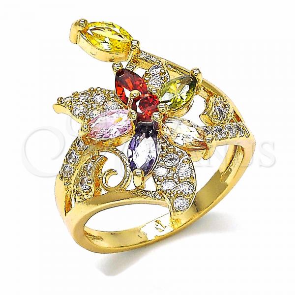 Oro Laminado Multi Stone Ring, Gold Filled Style Flower Design, with Multicolor Cubic Zirconia, Polished, Golden Finish, 01.283.0010.1.07 (Size 7)