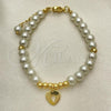Oro Laminado Fancy Bracelet, Gold Filled Style Heart and Ball Design, with Ivory Pearl, Polished, Golden Finish, 03.405.0014.07