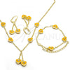 Oro Laminado Earring and Pendant Children Set, Gold Filled Style Heart Design, with White Crystal, Yellow Enamel Finish, Golden Finish, 06.60.0003.2