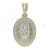 Oro Laminado Religious Pendant, Gold Filled Style Guadalupe and Heart Design, Polished, Tricolor, 05.351.0171.1