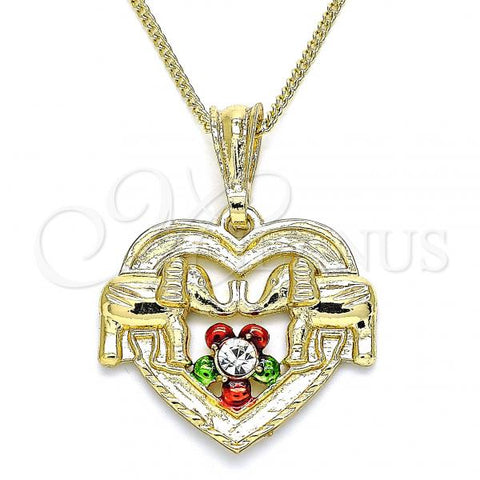 Oro Laminado Pendant Necklace, Gold Filled Style Heart and Elephant Design, with White Crystal, Polished, Tricolor, 04.351.0020.3.20