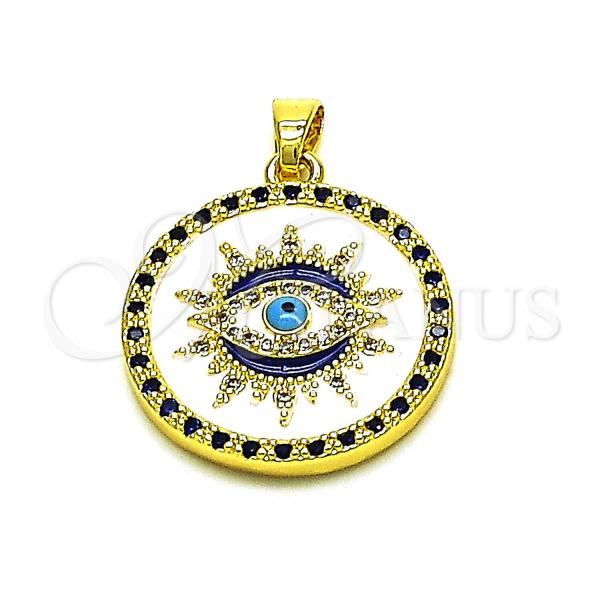 Oro Laminado Fancy Pendant, Gold Filled Style Evil Eye Design, with Sapphire Blue and White Micro Pave, White Enamel Finish, Golden Finish, 05.411.0017