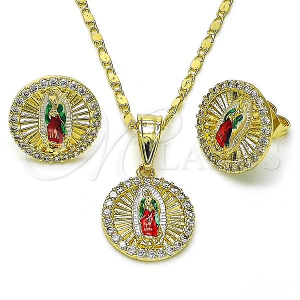 Oro Laminado Earring and Pendant Adult Set, Gold Filled Style Guadalupe Design, with White Cubic Zirconia, Diamond Cutting Finish, Tricolor, 10.411.0003