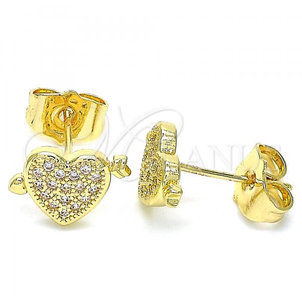 Oro Laminado Stud Earring, Gold Filled Style Heart Design, with White Micro Pave, Polished, Golden Finish, 02.156.0489