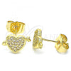 Oro Laminado Stud Earring, Gold Filled Style Heart Design, with White Micro Pave, Polished, Golden Finish, 02.156.0489