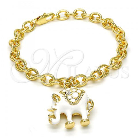 Oro Laminado Charm Bracelet, Gold Filled Style Elephant and Rolo Design, with White Crystal, White Enamel Finish, Golden Finish, 03.179.0001.07