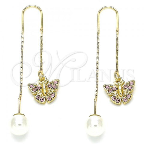 Oro Laminado Threader Earring, Gold Filled Style Butterfly Design, with Pink Crystal, Polished, Golden Finish, 02.253.0005.3