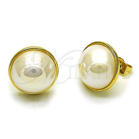 Oro Laminado Stud Earring, Gold Filled Style Ball Design, with Ivory Mother of Pearl, Polished, Golden Finish, 02.282.0025