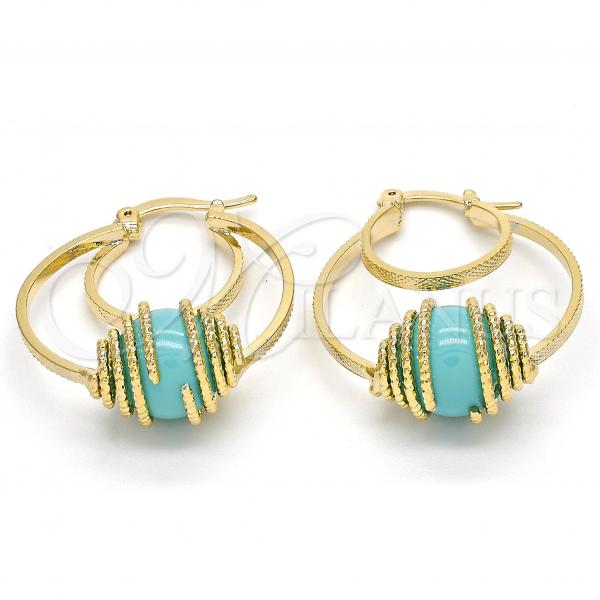 Oro Laminado Small Hoop, Gold Filled Style Ball Design, with Aqua Blue Pearl, Diamond Cutting Finish, Golden Finish, 02.65.2504.1.25