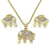 Oro Laminado Earring and Pendant Adult Set, Gold Filled Style Elephant Design, with Amethyst Micro Pave, Polished, Golden Finish, 10.316.0020.4
