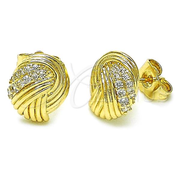 Oro Laminado Stud Earring, Gold Filled Style Love Knot and Twist Design, with White Cubic Zirconia, Polished, Golden Finish, 02.411.0012