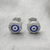 Sterling Silver Stud Earring, Evil Eye Design, with White Micro Pave, Blue Enamel Finish, Rhodium Finish, 02.336.0151