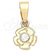 Oro Laminado Fancy Pendant, Gold Filled Style Flower Design, with White Crystal, White Enamel Finish, Golden Finish, 05.163.0073