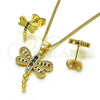 Oro Laminado Earring and Pendant Adult Set, Gold Filled Style Dragon-Fly Design, with Multicolor Cubic Zirconia, Polished, Golden Finish, 10.210.0165.1