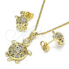 Oro Laminado Earring and Pendant Adult Set, Gold Filled Style Turtle Design, with Multicolor Micro Pave, Polished, Golden Finish, 10.284.0018