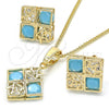 Oro Laminado Earring and Pendant Adult Set, Gold Filled Style Crown Design, with Turquoise and White Cubic Zirconia, Polished, Golden Finish, 10.106.0006.2