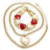 Oro Laminado Necklace and Bracelet, Gold Filled Style Rolo and Heart Design, with White Crystal, Brown Enamel Finish, Golden Finish, 06.63.0181