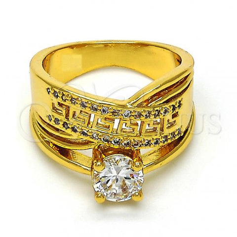 Oro Laminado Multi Stone Ring, Gold Filled Style Greek Key Design, with White Cubic Zirconia, Polished, Golden Finish, 01.118.0070.07 (Size 7)
