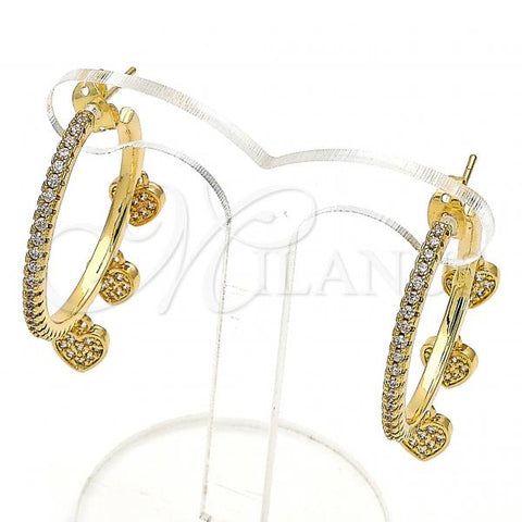 Oro Laminado Stud Earring, Gold Filled Style Heart Design, with White Micro Pave, Polished, Golden Finish, 02.341.0111