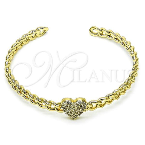 Oro Laminado Individual Bangle, Gold Filled Style Heart and Miami Cuban Design, with White Micro Pave, Polished, Golden Finish, 07.60.0017