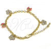 Oro Laminado Charm Bracelet, Gold Filled Style Butterfly and Rolo Design, with White Crystal, Pink Enamel Finish, Golden Finish, 03.63.1363.07