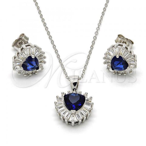 Sterling Silver Earring and Pendant Adult Set, Heart Design, with Sapphire Blue and White Cubic Zirconia, Polished, Rhodium Finish, 10.286.0025