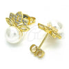 Oro Laminado Stud Earring, Gold Filled Style Leaf and Ball Design, with White Cubic Zirconia and Ivory Pearl, Polished, Golden Finish, 02.156.0341