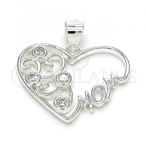 Sterling Silver Fancy Pendant, Heart and Mom Design, with White Cubic Zirconia, Polished,, 05.398.0016