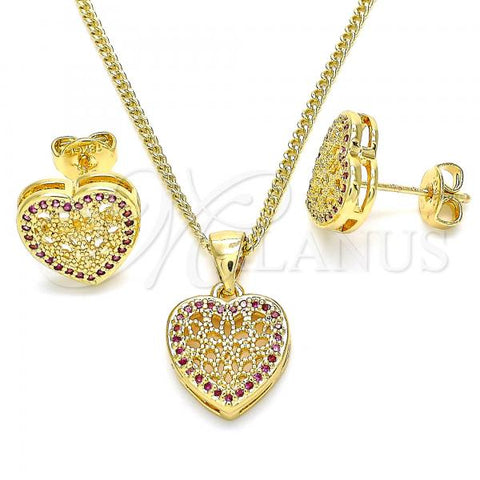 Oro Laminado Earring and Pendant Adult Set, Gold Filled Style Heart Design, with Ruby Micro Pave, Polished, Golden Finish, 10.156.0268.1