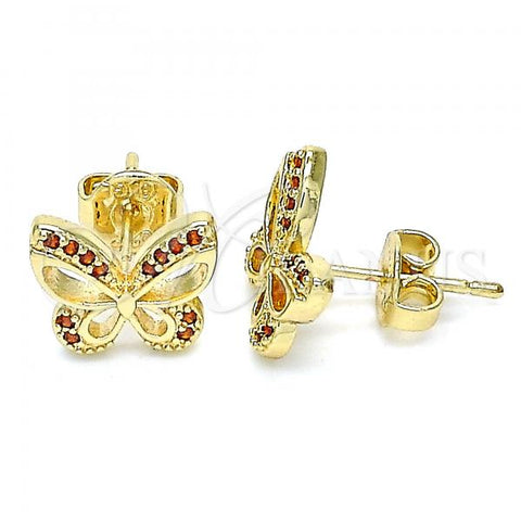 Oro Laminado Stud Earring, Gold Filled Style Butterfly Design, with Garnet Micro Pave, Polished, Golden Finish, 02.156.0455.2