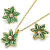 Oro Laminado Earring and Pendant Adult Set, Gold Filled Style Flower Design, with Turquoise and White Crystal, Polished, Golden Finish, 10.64.0155
