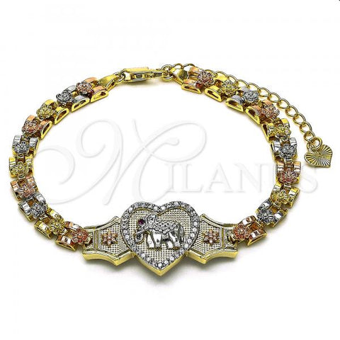 Oro Laminado Fancy Bracelet, Gold Filled Style Elephant and Heart Design, with White and Ruby Micro Pave, Polished, Tricolor, 03.253.0086.08