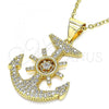 Oro Laminado Religious Pendant, Gold Filled Style Anchor Design, with White Cubic Zirconia and White Micro Pave, Polished, Golden Finish, 05.342.0076