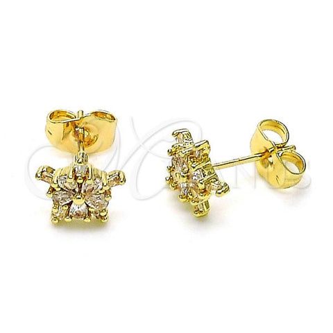 Oro Laminado Stud Earring, Gold Filled Style Star and Flower Design, with White Cubic Zirconia, Polished, Golden Finish, 02.195.0270