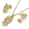Oro Laminado Earring and Pendant Adult Set, Gold Filled Style Owl Design, with White Cubic Zirconia, Polished, Golden Finish, 10.316.0021