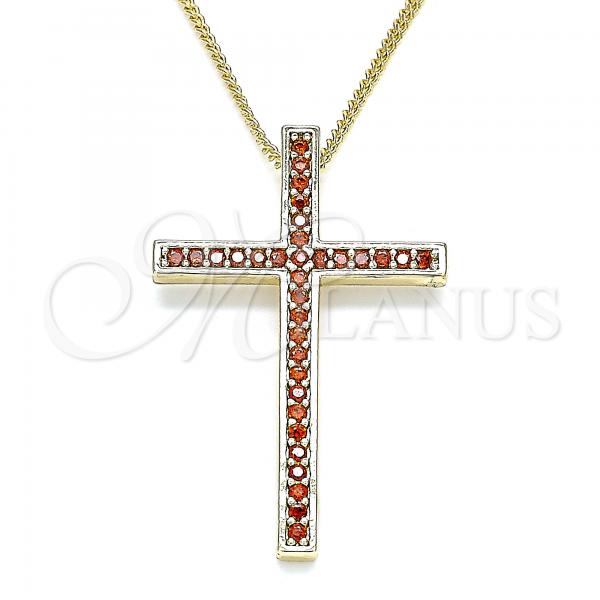 Oro Laminado Pendant Necklace, Gold Filled Style Cross Design, with Garnet Cubic Zirconia, Polished, Golden Finish, 04.284.0026.1.20