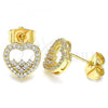 Oro Laminado Stud Earring, Gold Filled Style Heart Design, with White Micro Pave, Polished, Golden Finish, 02.156.0500