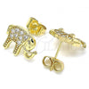 Oro Laminado Stud Earring, Gold Filled Style Elephant Design, with White Micro Pave, Polished, Golden Finish, 02.210.0405