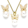 Oro Laminado Earring and Pendant Adult Set, Gold Filled Style Butterfly Design, with Ivory Pearl, Polished, Golden Finish, 10.379.0027